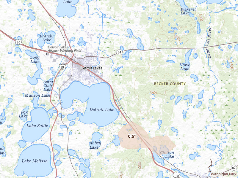 Radar-estimated hail-size map of the storm over Detroit Lakes, MN on Jun 19, 2026