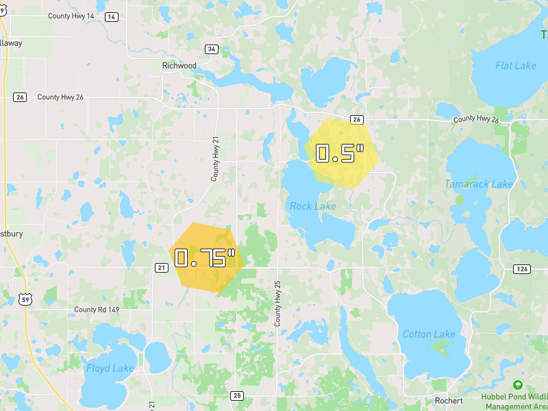 Hail map of Detroit Lakes, MN on Jun 29, 2026, hail up to 0.75"