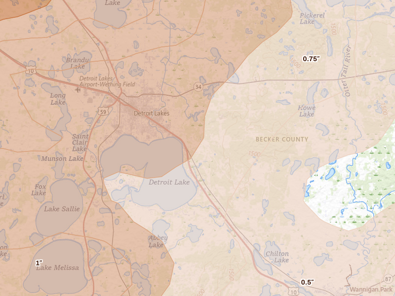Radar-estimated hail-size map of the storm over Detroit Lakes, MN on Jul 6, 2026