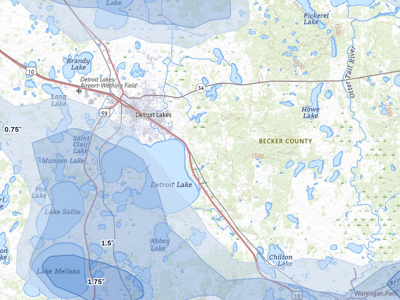 NEXRAD radar-signature map of the hail storm over Detroit Lakes, MN on Jul 6, 2026