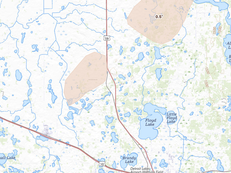 Radar-estimated hail-size map of the storm over Detroit Lakes, MN on Aug 3, 2026