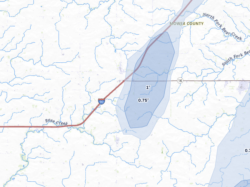 NEXRAD radar-signature map of the hail storm over Dexter, MN on May 17, 2026