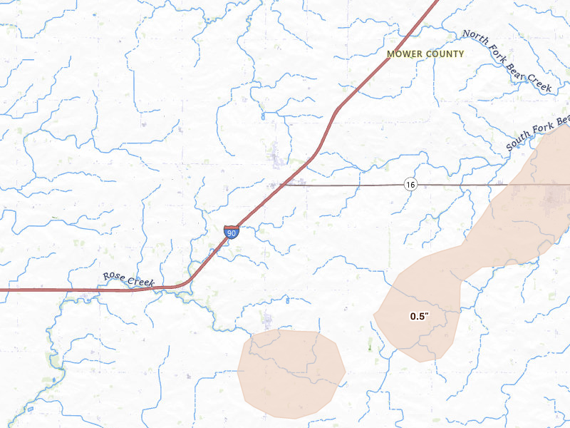 Radar-estimated hail-size map of the storm over Dexter, MN on Jul 1, 2026