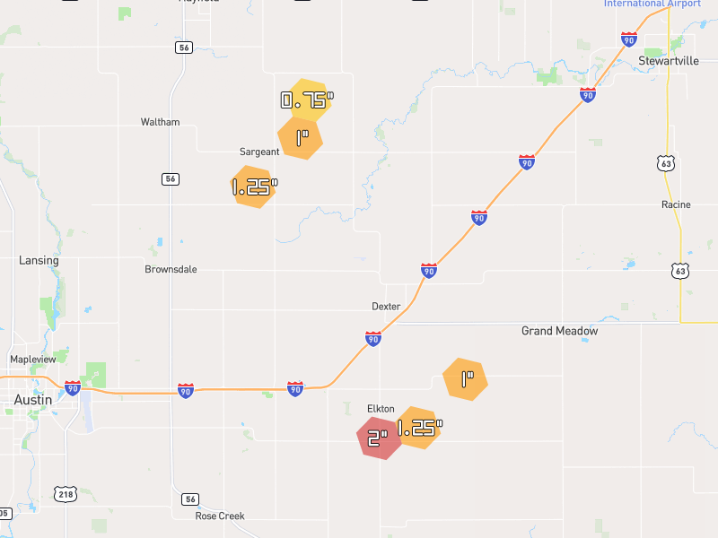 Hail map of Dexter, MN on Jul 1, 2026, hail up to 2"