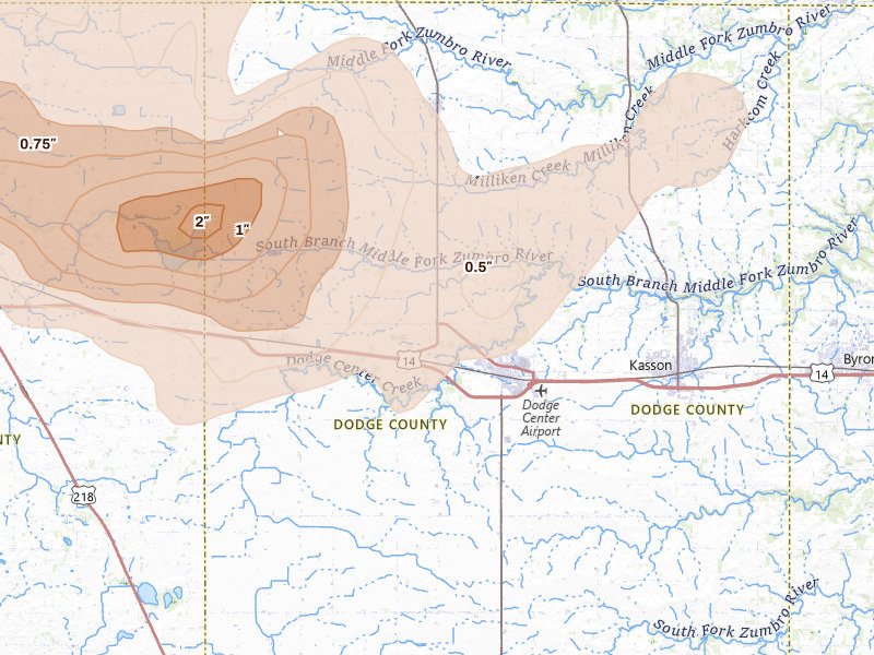 Radar-estimated hail-size map of the storm over Dodge Center, MN on Apr 13, 2026