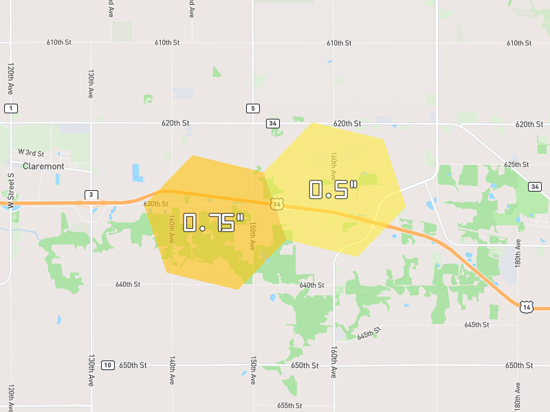 Hail map of Dodge Center, MN on Jul 8, 2026, hail up to 0.75"