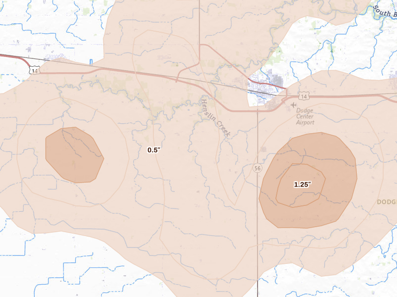 Radar-estimated hail-size map of the storm over Dodge Center, MN on Sep 1, 2026
