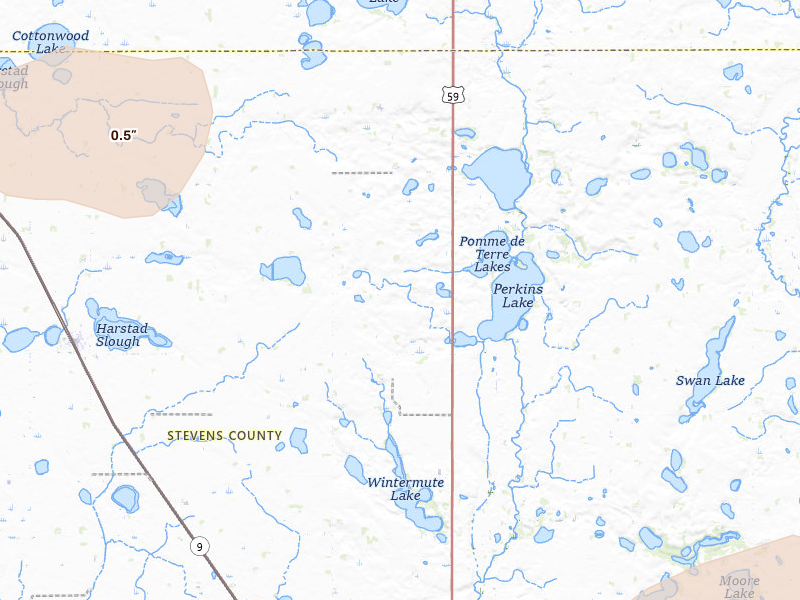 Radar-estimated hail-size map of the storm over Donnelly, MN on Jun 23, 2026