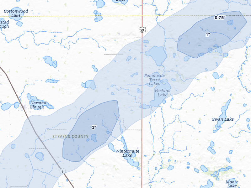 NEXRAD radar-signature map of the hail storm over Donnelly, MN on Jun 29, 2026