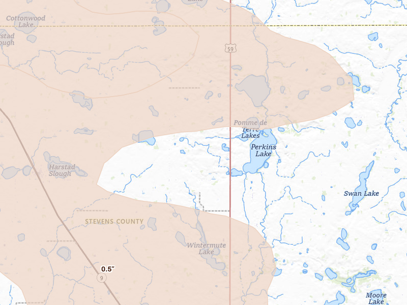 Radar-estimated hail-size map of the storm over Donnelly, MN on Jul 6, 2026