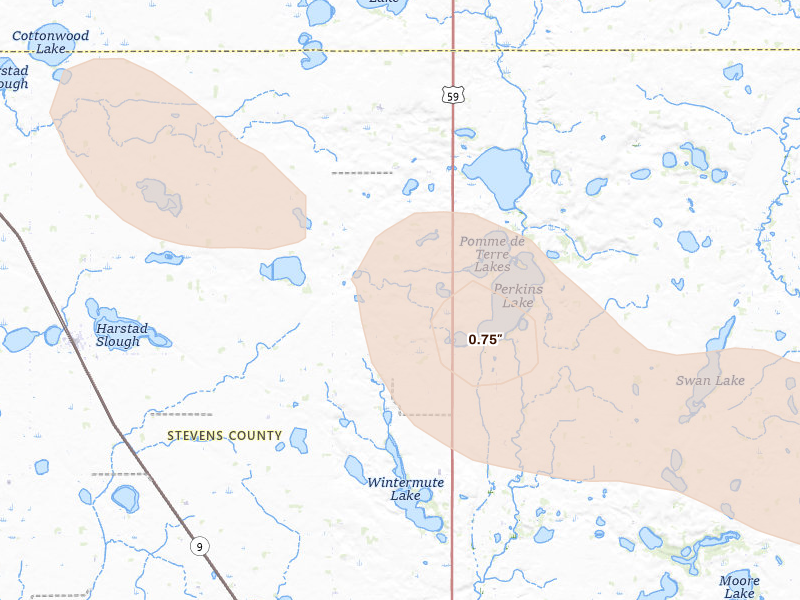 Radar-estimated hail-size map of the storm over Donnelly, MN on Jul 25, 2026