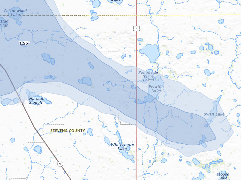 NEXRAD radar-signature map of the hail storm over Donnelly, MN on Jul 25, 2026