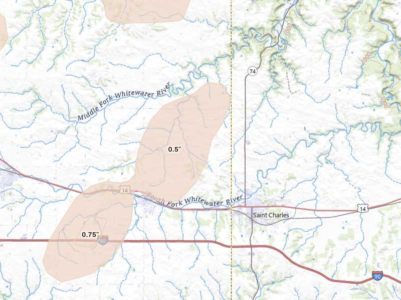 Radar-estimated hail-size map of the storm over Dover, MN on Jun 10, 2026