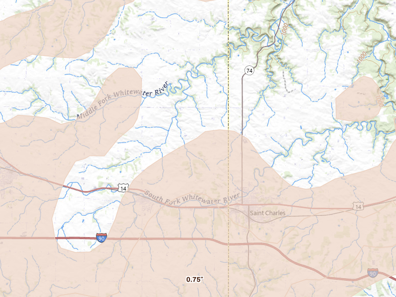 Radar-estimated hail-size map of the storm over Dover, MN on Jul 1, 2026
