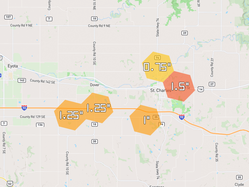 Hail map of Dover, MN on Jul 1, 2026, hail up to 1.5"
