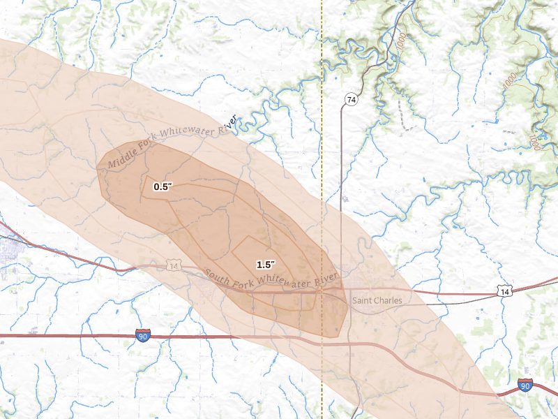 Radar-estimated hail-size map of the storm over Dover, MN on Aug 18, 2026