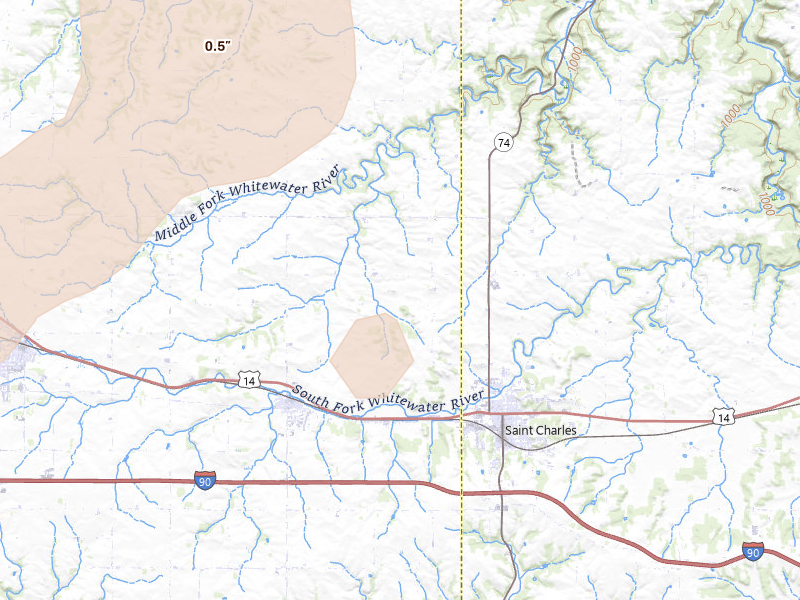 Radar-estimated hail-size map of the storm over Dover, MN on Sep 1, 2026