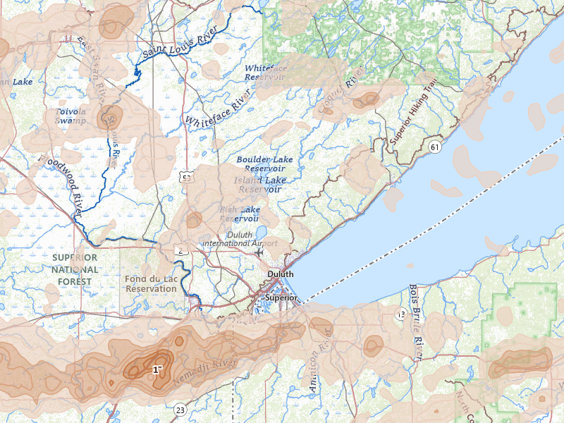 Radar-estimated hail-size map of the storm over Duluth, MN on Jun 29, 2026
