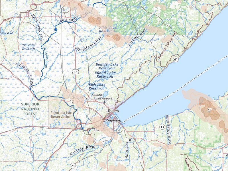 Radar-estimated hail-size map of the storm over Duluth, MN on Jul 17, 2026