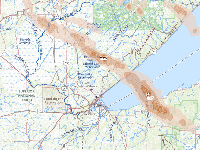 Radar-estimated hail-size map of the storm over Duluth, MN on Jul 26, 2026
