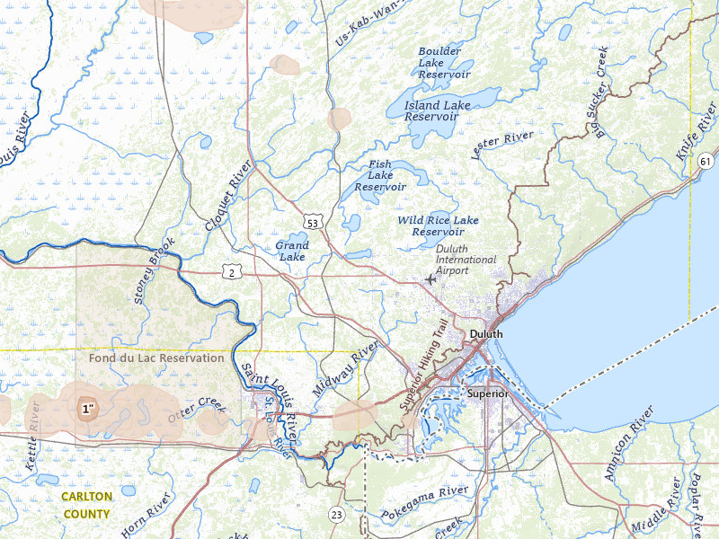 Radar-estimated hail-size map of the storm over Duluth, MN on Aug 25, 2026