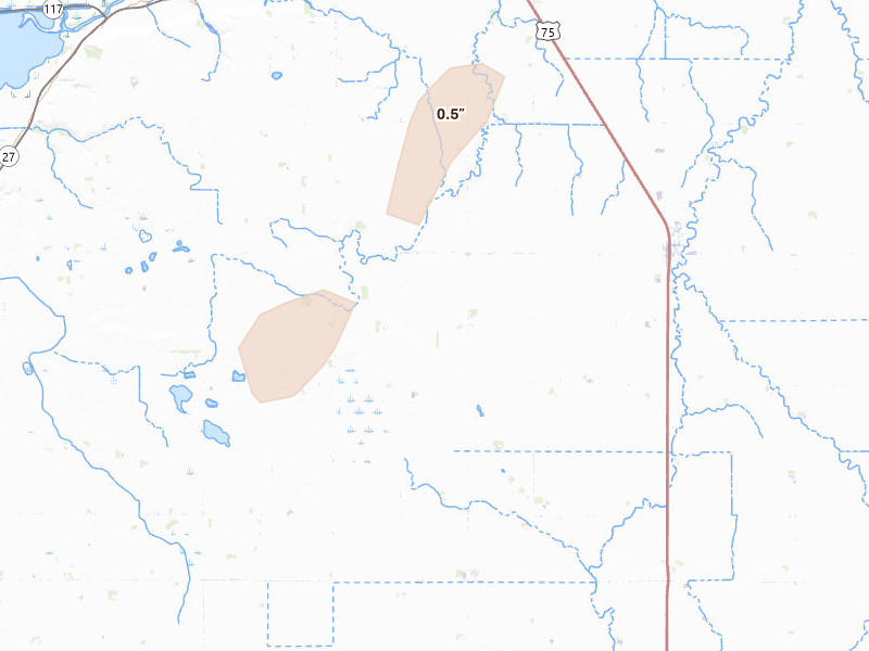 Radar-estimated hail-size map of the storm over Dumont, MN on Jun 29, 2026