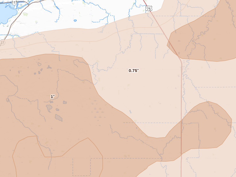 Radar-estimated hail-size map of the storm over Dumont, MN on Jul 6, 2026
