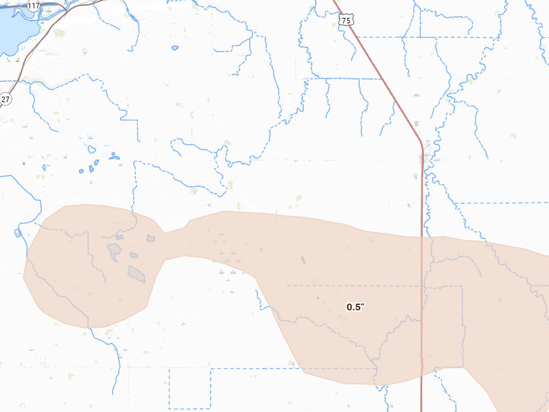 Radar-estimated hail-size map of the storm over Dumont, MN on Jul 7, 2026