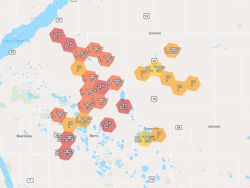 Hail map of Dumont, MN on Jul 7, 2026, hail up to 2.25"