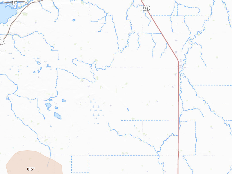 Radar-estimated hail-size map of the storm over Dumont, MN on Jul 10, 2026