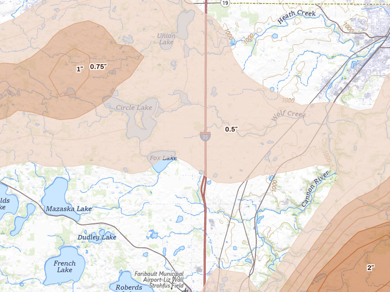 Radar-estimated hail-size map of the storm over Dundas, MN on Apr 13, 2026