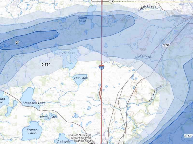NEXRAD radar-signature map of the hail storm over Dundas, MN on Apr 13, 2026