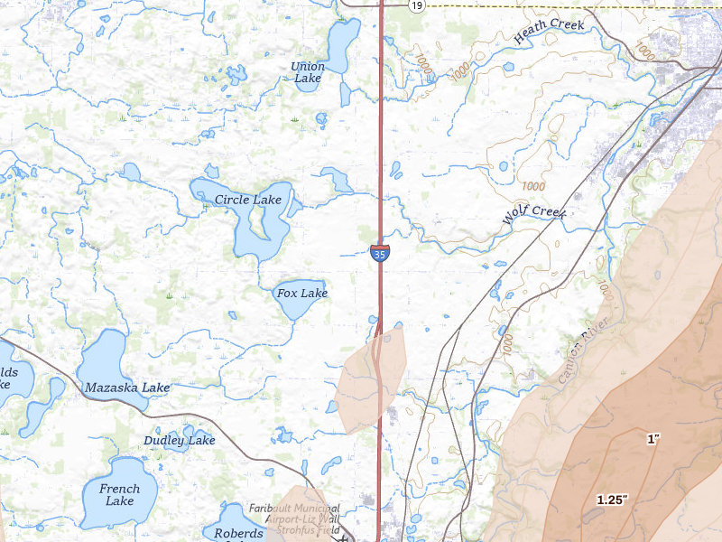 Radar-estimated hail-size map of the storm over Dundas, MN on Apr 17, 2026