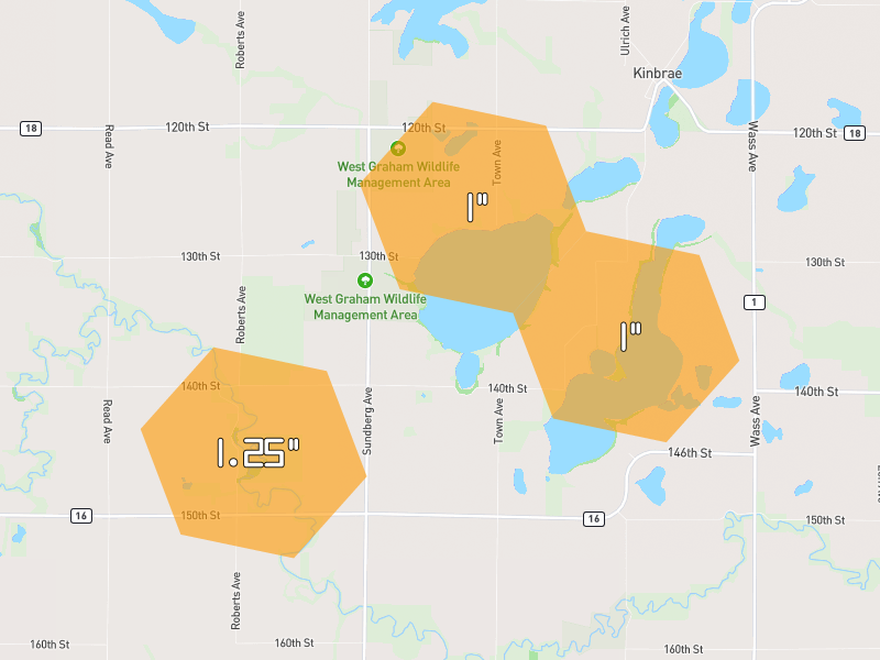 Hail map of Dundee, MN on Jul 2, 2026, hail up to 1.25"