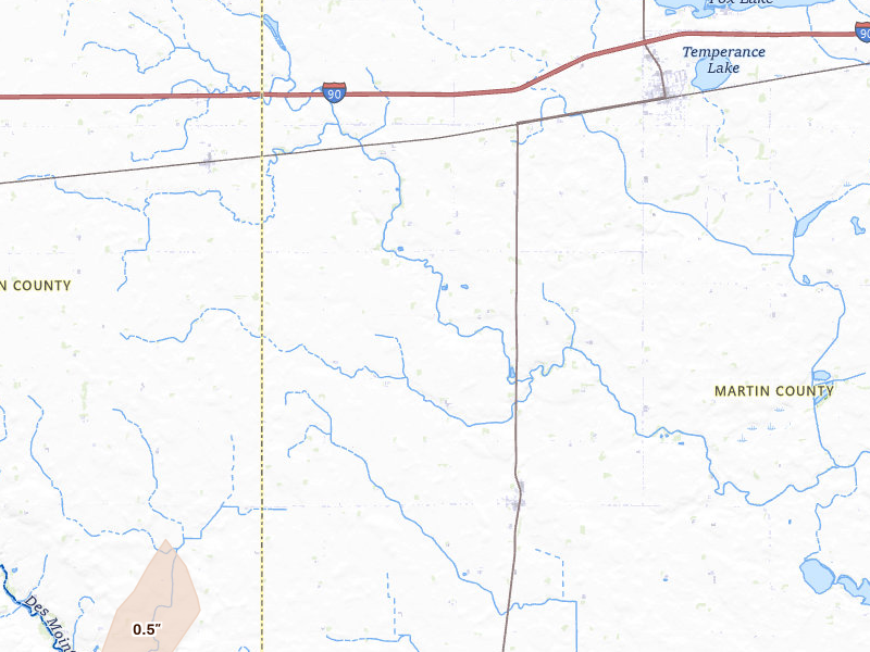 Radar-estimated hail-size map of the storm over Dunnell, MN on Jun 30, 2026
