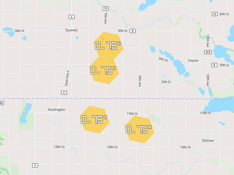 Hail map of Dunnell, MN on Jul 1, 2026, hail up to 0.75"