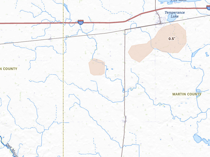 Radar-estimated hail-size map of the storm over Dunnell, MN on Aug 3, 2026