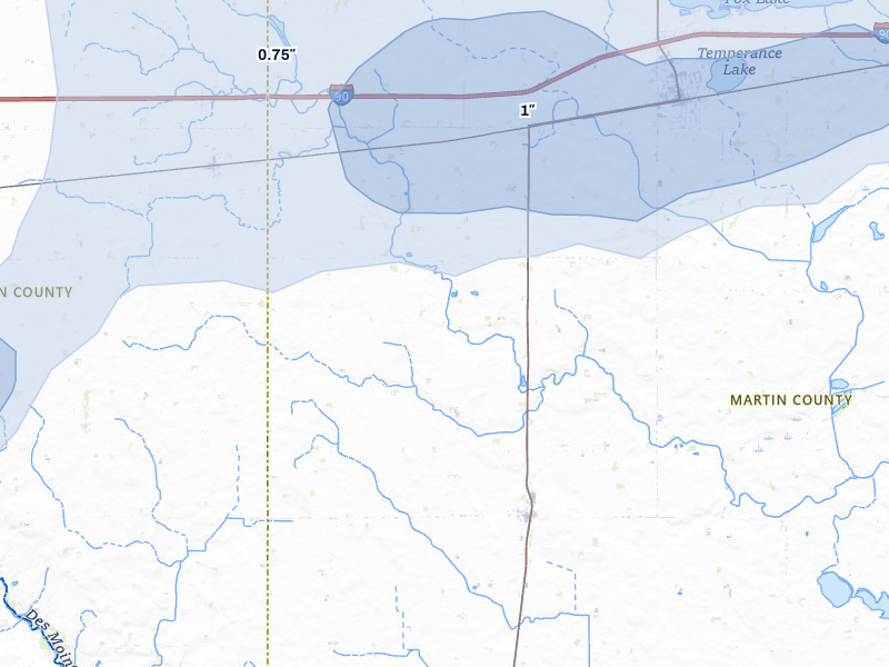 NEXRAD radar-signature map of the hail storm over Dunnell, MN on Aug 3, 2026