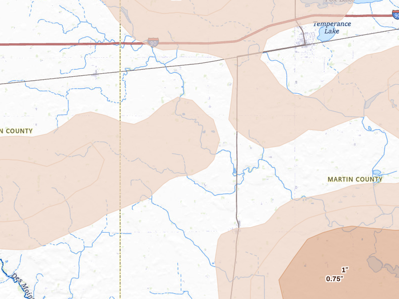 Radar-estimated hail-size map of the storm over Dunnell, MN on Aug 8, 2026
