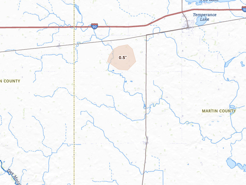 Radar-estimated hail-size map of the storm over Dunnell, MN on Aug 18, 2026