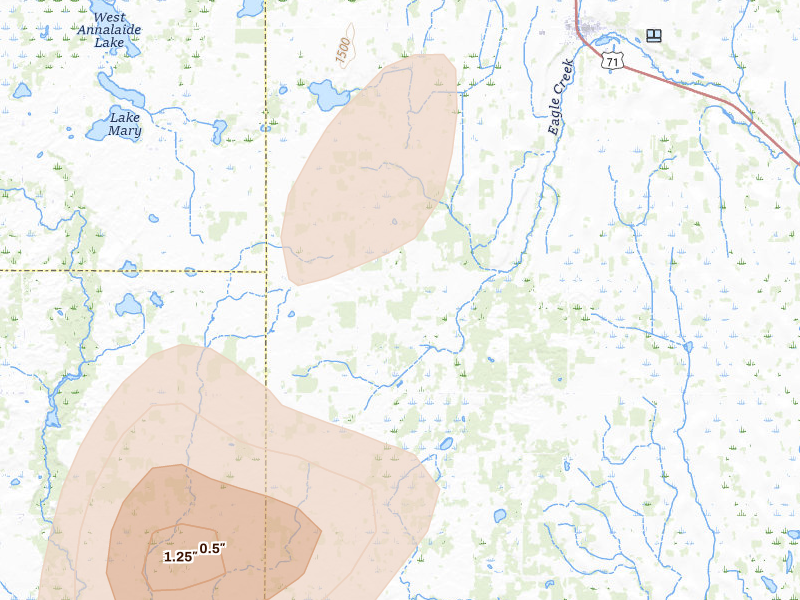 Radar-estimated hail-size map of the storm over Eagle Bend, MN on Jun 8, 2026
