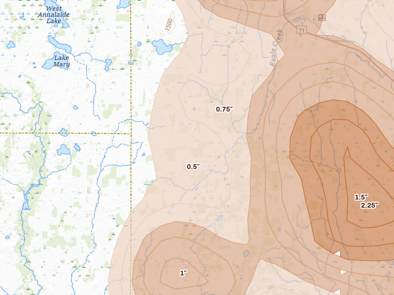 Radar-estimated hail-size map of the storm over Eagle Bend, MN on Jul 4, 2026