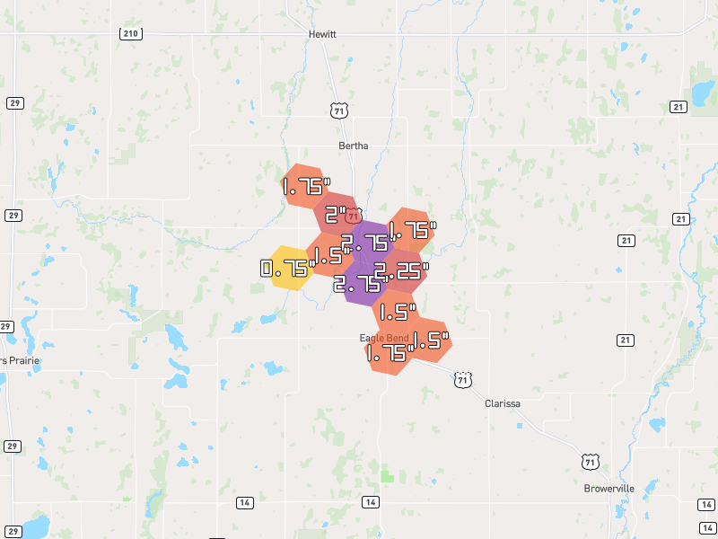 Hail map of Eagle Bend, MN on Jul 4, 2026, hail up to 2.75"
