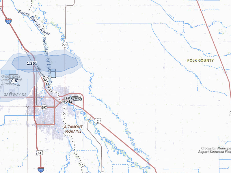 NEXRAD radar-signature map of the hail storm over East Grand Forks, MN on Jun 3, 2026