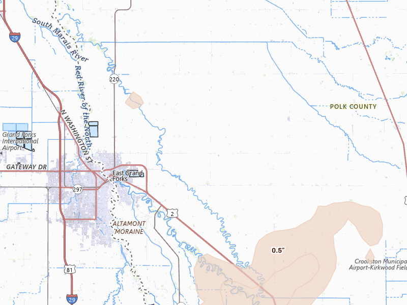 Radar-estimated hail-size map of the storm over East Grand Forks, MN on Jun 29, 2026