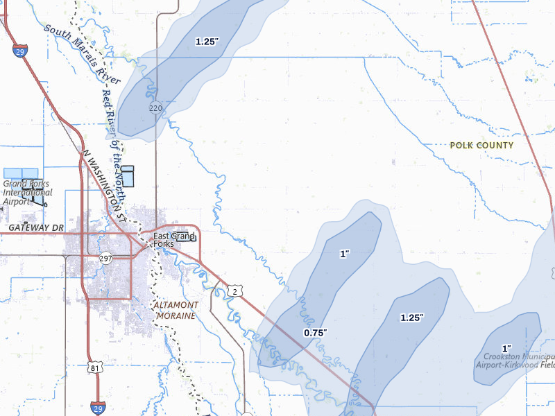 NEXRAD radar-signature map of the hail storm over East Grand Forks, MN on Jun 29, 2026