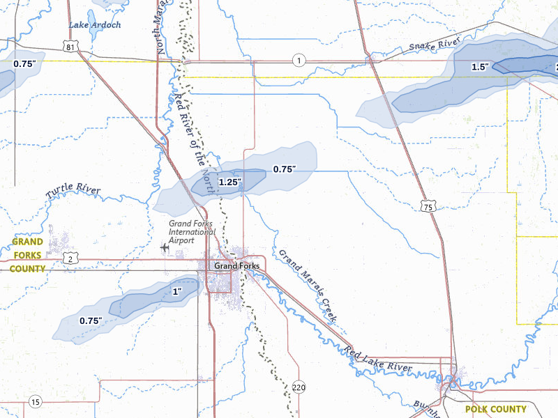 NEXRAD radar-signature map of the hail storm over East Grand Forks, MN on Aug 2, 2026