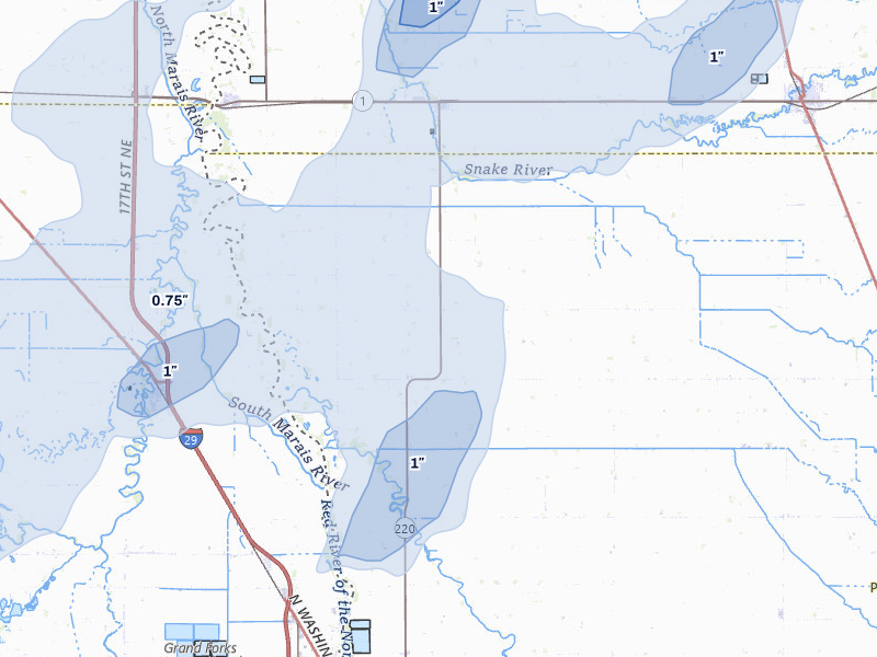 NEXRAD radar-signature map of the hail storm over East Grand Forks, MN on Sep 3, 2026