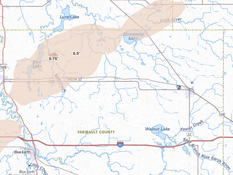 Radar-estimated hail-size map of the storm over Easton, MN on May 15, 2026
