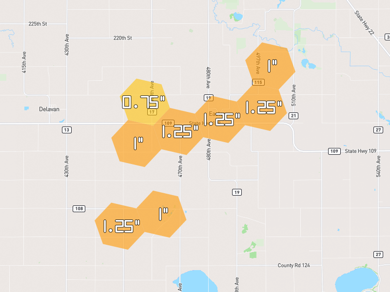 Hail map of Easton, MN on Jun 30, 2026, hail up to 1.25"